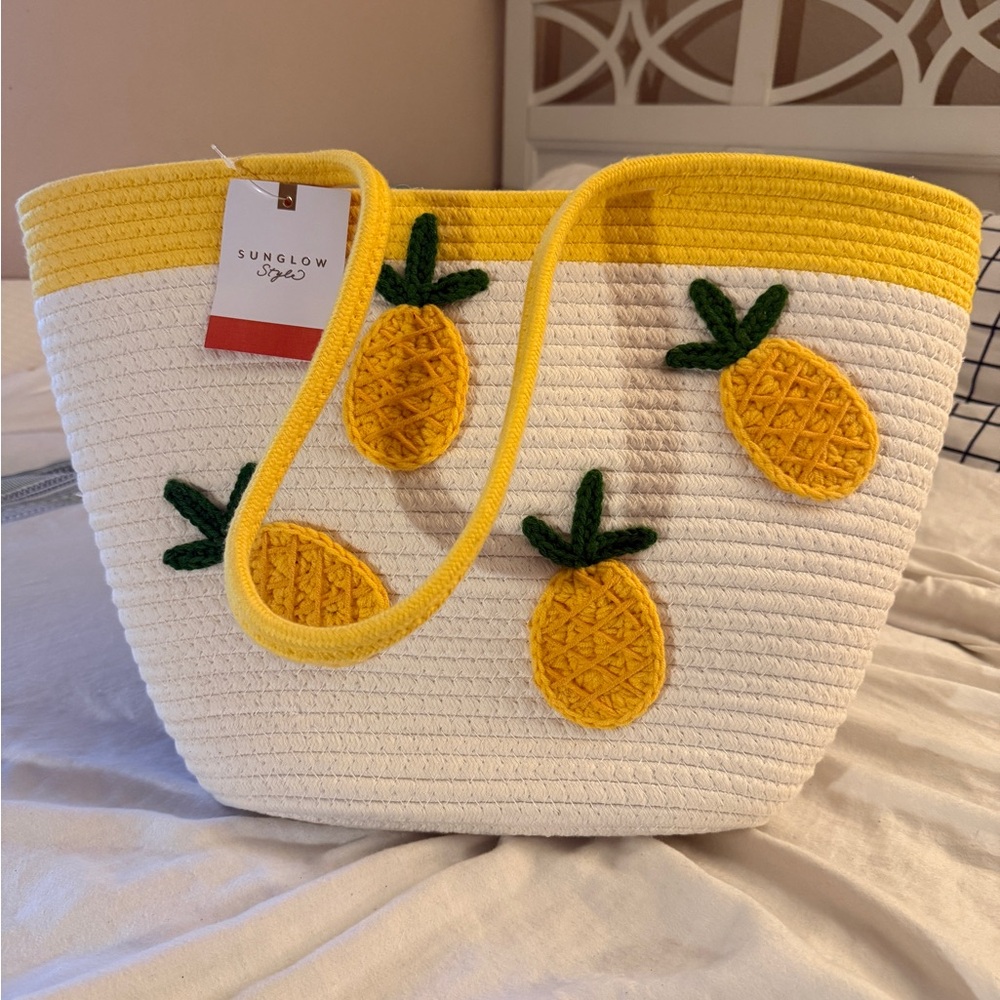 Sunglow Style Pineapple Beach Tote LARGE Knit Stitch 3D Design Open Bag NWT